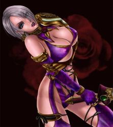 Rule 34 | 1girl, armor, boots, breasts, cleavage, elbow gloves, eyeshadow, female focus, flower, gauntlets, gloves, gold armor, green eyes, head tilt, huge breasts, isabella valentine, laceups, large breasts, lipstick, makeup, namco, nipples, short hair, solo, soul calibur, soulcalibur, soulcalibur iv, sword, thigh boots, thighhighs, weapon, white hair
