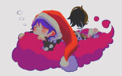 Rule 34 | 1girl, blush, capelet, chibi, closed eyes, commentary request, doremy sweet, dress, full body, grey background, hat, long sleeves, lying, minamia23, nightcap, on stomach, pom pom (clothes), purple hair, red hat, short hair, simple background, sleeping, smile, solo, tail, tapir tail, touhou