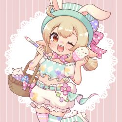 Rule 34 | 1girl, ;d, ahoge, alternate costume, animal ears, basket, belt, bloomers, calligraphy brush, commentary request, detached sleeves, dodoco (genshin impact), easter, egg, fake animal ears, genshin impact, hair between eyes, hat, highres, holding, holding brush, holding egg, klee (genshin impact), light brown hair, long hair, looking at viewer, multicolored nails, nami harakamiaka, navel, one eye closed, open mouth, orange eyes, paintbrush, rabbit ears, ribbon-trimmed sleeves, ribbon trim, short sleeves, sidelocks, smile, solo, standing, standing on one leg, stomach, underwear, white bloomers