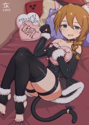 Rule 34 | 1girl, animal ears, animal hands, artist name, baba konomi, bare shoulders, bed, bell, black choker, black gloves, black leotard, black nails, black skirt, black thighhighs, blue eyes, braid, braided ponytail, brown hair, cat ears, cat tail, choker, commentary request, dated, elbow gloves, english text, fake animal ears, fake tail, gloves, hair over shoulder, half-closed eyes, halloween, halloween costume, heart, heart-shaped pillow, heel-less legwear, holding, holding pillow, idolmaster, idolmaster million live!, leotard, looking at viewer, lying, nail polish, neck bell, on back, on bed, open mouth, paw gloves, paw pose, pillow, pillow writing, ribbon, showgirl skirt, signature, single braid, skirt, smile, solo, strapless, strapless leotard, tail, tail ornament, tail ribbon, thigh strap, thighhighs, toeless legwear, toenail polish, toenails, trick or treat, tun