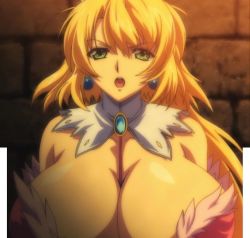 Rule 34 | 1girl, blonde hair, breasts, brooch, green eyes, huge breasts, jewelry, mature female, nina dragundaala, princess knight catue, screencap, stitched, third-party edit, turtleneck