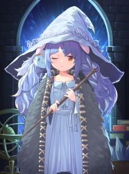 Rule 34 | 1girl, aged down, animal ears, armillary sphere, blue hair, book, book stack, bow, cloak, closed mouth, cosplay, crystal, don-chan (usada pekora), dress, elden ring, fur-trimmed cloak, fur trim, hat, highres, hikimayu, holding, holding staff, hololive, long hair, nano (mianhua maoqiu), one eye closed, orange eyes, rabbit-shaped pupils, rabbit ears, rabbit girl, ranni the witch, ranni the witch (cosplay), solo, staff, symbol-shaped pupils, thick eyebrows, usada pekora, virtual youtuber, white dress, witch hat