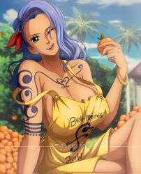 1girl aged_up apron blue_hair bracelet breasts cleavage crossed_legs female_focus food fruit highres jewelry large_breasts long_hair looking_at_viewer naked_apron nojiko one_eye_closed one_piece orange_(fruit) rakara11_(rakkarts) sitting solo sweat tattoo tongue tongue_out wink