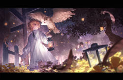 Rule 34 | 1girl, 2boys, arm at side, beak hold, bird, bird on hand, black hair, black pants, black ribbon, blurry, collared shirt, commentary, depth of field, dress, dutch angle, emma (yakusoku no neverland), envelope, feathers, fence, flat chest, frilled dress, frills, hair over one eye, j 315 (jean), lace, lamp, letterboxed, long sleeves, looking at another, looking at viewer, looking to the side, mouth hold, multiple boys, neck ribbon, neck tattoo, norman (yakusoku no neverland), number tattoo, orange hair, outstretched arm, owl, pajamas, pants, parted lips, plant, polo shirt, ray (yakusoku no neverland), ribbon, road sign, shirt, short hair, sign, standing, star (symbol), string, swept bangs, tattoo, tree, walking, white dress, wooden fence, yakusoku no neverland