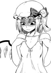Rule 34 | 1girl, bare arms, bare shoulders, bow, breast conscious, breasts, camisole, closed mouth, commentary request, covered erect nipples, flandre scarlet, greyscale, hat, hat bow, highres, himajin noizu, looking down, mob cap, monochrome, shaded face, side ponytail, simple background, small breasts, solo, touhou, upper body, white background