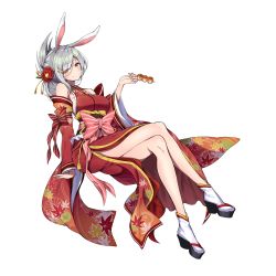 Rule 34 | 1girl, animal ears, rabbit ears, detached sleeves, flower, full body, hair flower, hair ornament, hairclip, highres, holding, japanese clothes, crossed legs, sandals, silver hair, smile, solo, transparent background, uchi no hime-sama ga ichiban kawaii, yellow eyes