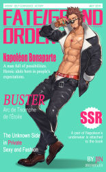 Rule 34 | 1boy, abs, bara, beard, belt, blue eyes, brown hair, clothes pull, facial hair, fate/grand order, fate (series), glasses, jacket, jewelry, jin(sirius-j), jockstrap, male focus, male underwear, muscular, napoleon bonaparte (fate), necklace, open clothes, open pants, open shirt, pants, pants pull, scar, short hair, smile, standing, sunglasses, underwear, unzipped
