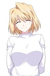 Rule 34 | 1girl, absurdres, arcueid brunestud, arms behind back, blonde hair, blush, breasts, close-up, closed eyes, hair between eyes, halcon, highres, large breasts, long sleeves, short hair, single hair intake, smile, solo, sweater, tsukihime, upper body, white background, white sweater
