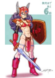 1girl abs absurdres armor bikini_armor blue_eyes boots commentary_request date_naoto dragon_quest dragon_quest_iii full_body gloves helmet highres holding holding_shield holding_sword holding_weapon long_hair looking_at_viewer muscular muscular_female purple_hair red_armor shield smile solo sword warrior_(dq3) weapon winged_helmet