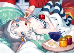 Rule 34 | 1girl, animal hood, asahikawa hiyori, bare arms, bare shoulders, bed sheet, blue eyes, bowl, breasts, cat hood, commentary request, curtains, dress, eyebrows hidden by hair, fingernails, food, food on face, fur-trimmed dress, fur trim, holding, holding spoon, hood, jar, lying, on back, original, pantyhose, pillow, short hair, silver hair, sleeveless, sleeveless dress, small breasts, solo, spoon, striped clothes, striped pantyhose, table, utensil in mouth, white dress, window