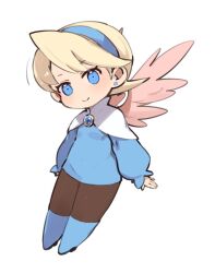Rule 34 | 1girl, angel wings, blonde hair, blue eyes, blue footwear, boots, breath of fire, breath of fire iv, chibi, closed mouth, dress, earrings, feathered wings, full body, hairband, highres, jewelry, looking at viewer, mota, nina (breath of fire iv), pantyhose, short hair, simple background, smile, solo, very short hair, white background, white wings, wings