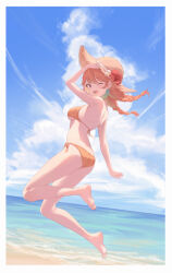 Rule 34 | 1girl, absurdres, alternate costume, arm up, ass, barefoot, beach, bikini, blue sky, border, braid, breasts, butt crack, cloud, cloudy sky, day, earrings, feather earrings, feathers, feet, flower, halterneck, hat, hat flower, hat ribbon, highres, hololive, hololive english, jewelry, jumping, legs, long hair, looking at viewer, looking to the side, medium breasts, midori xu, ocean, one eye closed, open mouth, orange bikini, orange hair, ribbon, shadow, side-tie bikini bottom, sidelocks, sky, soles, solo, straw hat, string bikini, sun hat, swimsuit, takanashi kiara, toes, twin braids, underboob, virtual youtuber, water, white border