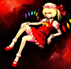 Rule 34 | 1girl, blonde hair, blouse, collared shirt, female focus, flandre scarlet, hat, hironox, mob cap, one side up, red background, red eyes, red theme, shirt, side ponytail, smile, socks, solo, touhou, white hat, white shirt, white socks, wings