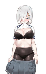 Rule 34 | 10s, 1girl, bad id, bad pixiv id, black bra, black panties, black pantyhose, blue eyes, blush, bra, breasts, cleavage, covered navel, cowboy shot, crotch seam, hair ornament, hair over one eye, hairclip, hamakaze (kancolle), heart, heart-shaped pupils, highres, kantai collection, large breasts, lifting own clothes, looking at viewer, mitsudoue, mouth hold, navel, panties, panties under pantyhose, pantyhose, school uniform, see-through, serafuku, shirt, short hair, silver hair, simple background, skirt, solo, standing, stomach, symbol-shaped pupils, underwear, undressing, white background, white shirt