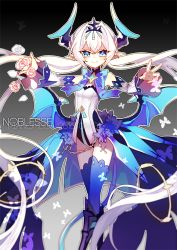 Rule 34 | 10s, 1girl, 2016, athria, bat wings, black background, blue bow, blue eyes, blue thighhighs, boots, bow, brooch, bug, butterfly, dated, detached sleeves, elsword, flower, gradient background, grey background, insect, jewelry, knee boots, long hair, looking at viewer, luciela r. sourcream, miniskirt, noblesse (elsword), rose, skirt, smile, solo, symbol-shaped pupils, thighhighs, twintails, white flower, white hair, white rose, wings