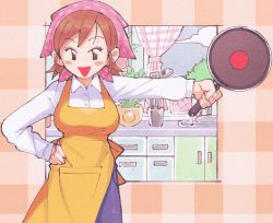 Rule 34 | 1girl, :d, alternate breast size, apron, bandana, black eyes, blouse, blue pants, blush stickers, breasts, brown hair, cabinet, cooking mama, curtains, denim, dress shirt, eyelashes, faucet, female focus, frying pan, hand on own hip, holding, holding frying pan, inkerton-kun, jeans, kitchen, ladle, large breasts, long sleeves, looking at viewer, mama (cooking mama), mature female, no nose, open mouth, orange theme, outside border, outstretched arm, pants, pink background, pink bandana, pink curtains, plaid, plaid background, plant, pocket, polka dot, potted plant, shirt, short hair, smile, solo, spatula, standing, swept bangs, teeth, thighs, uncensored, upper teeth only, white background, white curtains, white shirt, window, yellow apron