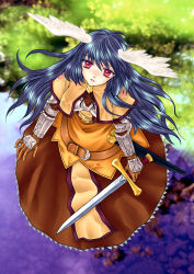 Rule 34 | 1girl, belt, blue hair, brown capelet, brown dress, capelet, chest guard, commentary request, dress, feathered wings, floral print, frilled dress, frills, full body, gauntlets, hair between eyes, hasu murasaki, head wings, highres, holding, holding sword, holding weapon, long hair, looking at viewer, parted lips, ragnarok online, red eyes, rose print, solo, sword, swordsman (ragnarok online), weapon, white wings, wings