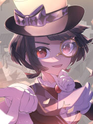 Rule 34 | 1girl, ascot, black hair, black headwear, black jacket, blunt bangs, bow, bowtie, creatures (company), eyes visible through hair, game freak, gem, gen 8 pokemon, giving, gloves, hand on own chin, hat, hat bow, hat ribbon, highres, jacket, looking at viewer, monocle, nintendo, official alternate costume, open mouth, pokemon, pokemon (creature), pokemon masters ex, red eyes, red gemstone, ribbon, short hair, smile, thievul, tonbo (tonbo63194), white ascot, white bow, white bowtie, white gloves, zinnia (pokemon), zinnia (special costume) (pokemon)