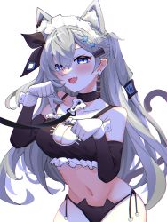 Rule 34 | 1girl, absurdres, anak stm, animal ears, breasts, cat cutout, cat ears, cat lingerie, cat tail, cleavage, clothing cutout, detached sleeves, earrings, fang, gloves, grey hair, highres, hololive, hololive indonesia, jewelry, leash, long hair, maid headdress, meme attire, midriff, navel, panties, paw pose, purple eyes, side-tie panties, tail, underwear, vestia zeta, virtual youtuber, white background, white gloves, wrist cuffs
