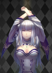 Rule 34 | 10s, 1girl, absurdres, argyle, argyle background, argyle clothes, arms up, braid, breasts, cleavage, cleavage cutout, clothing cutout, crown braid, emilia (re:zero), flower, frills, gem, hair flower, hair ornament, highres, long hair, looking at viewer, one eye closed, parted lips, purple eyes, re:zero kara hajimeru isekai seikatsu, silver hair, solo, stretching, upper body, wide sleeves, yin lan xue