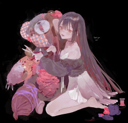 Rule 34 | 1girl, bare legs, barefoot, black background, camisole, choker, commission, highres, holding, holding scissors, kneeling, large teddy bear, long hair, long sleeves, off shoulder, open mouth, original, osiri60812441, patchworks, red choker, red eyes, scissors, simple background, skeb commission, solo, spool, straight hair, stuffed animal, stuffed toy, teddy bear, thread