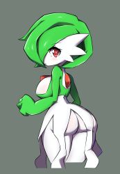 Rule 34 | absurdres, ass, blush, breasts, closed mouth, creatures (company), dress, from behind, game freak, gardevoir, garter belt, gen 3 pokemon, green hair, highres, looking at viewer, looking back, nintendo, ogebo go, pokemon, pokemon (creature), red eyes, short hair, simple background, solo, thighhighs