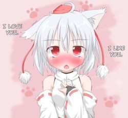 Rule 34 | 1girl, animal ears, bare shoulders, detached sleeves, fang, female focus, gauntlets, hand on own chest, hard-translated, hat, hat ribbon, inubashiri momiji, oden (th-inaba), open mouth, paw print, red eyes, ribbon, shirt, short hair, silver hair, solo, third-party edit, tokin hat, touhou, translated, trembling, upper body, wolf ears
