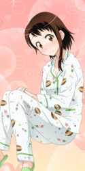Rule 34 | 10s, 1girl, blush, breasts, brown eyes, brown hair, cleavage, invisible chair, looking at viewer, nisekoi, onodera kosaki, own hands together, pajamas, short hair with long locks, sidelocks, sitting, small breasts, solo, white pajamas