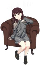 Rule 34 | 1girl, :d, aida rikako, armchair, black footwear, black hair, brown eyes, chair, character name, commentary request, dress, earrings, full body, highres, jewelry, long hair, long sleeves, love live!, love live! sunshine!!, open mouth, outline, pendant, real life, shoes, sitting, smile, socks, solo, sparkle, striped clothes, striped dress, transparent background, vertical-striped clothes, vertical-striped dress, voice actor, waste-man, white outline, white socks