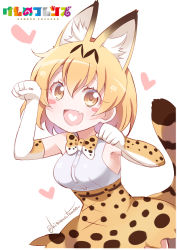 Rule 34 | 10s, 1girl, :d, animal ears, artist name, bad id, bad pixiv id, blonde hair, blush stickers, bow, bowtie, breasts, brown eyes, copyright name, elbow gloves, fang, gloves, hair between eyes, head tilt, heart, heart in mouth, high-waist skirt, kemono friends, kitahara tomoe (kitahara koubou), medium breasts, open mouth, paw pose, romaji text, serval (kemono friends), serval print, serval tail, shirt, skirt, sleeveless, sleeveless shirt, smile, solo, striped tail, tail, twitter username, white background, white shirt
