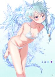 Rule 34 | 1girl, arms behind back, artist name, blue eyes, blue hair, blush, bow, bow panties, bra, braid, braided ponytail, breasts, closed mouth, color guide, commentary, frown, hair over shoulder, hair tie, ice, ice wings, lace, lace-trimmed bra, lace trim, long hair, looking at viewer, navel, own hands together, panties, pointy ears, princess connect!, sheffy (princess connect!), signature, single braid, small breasts, solo, standing, strap slip, teren, underwear, underwear only, white bra, white panties, wings