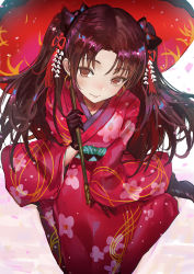 Rule 34 | 1girl, alternate costume, bow, brown eyes, brown hair, canking, fate/grand order, fate (series), from above, gloves, hair bow, highres, ishtar (fate), ishtar (formal dress) (fate), japanese clothes, kimono, looking up, obi, sash, sitting, solo, tohsaka rin, twintails, umbrella, wariza