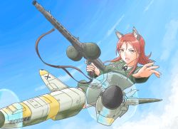 Rule 34 | 1girl, absurdres, animal ears, blue sky, brown eyes, brown hair, cloud, dog ears, double-drum magazine, double brid, drum magazine, dutch angle, machine gun, gluteal fold, gun, gun sling, high-capacity magazine, highres, machine gun, magazine (weapon), mg 34, military, military uniform, minna-dietlinde wilcke, no pants, open mouth, outstretched arm, saddle-drum, sky, solo, strike witches, striker unit, tsukimizake, uniform, weapon, world witches series