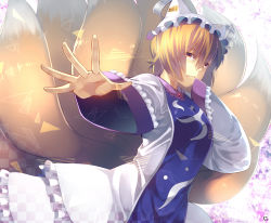 Rule 34 | 1girl, animal hat, blonde hair, dress, fox tail, hat, hat with ears, highres, kitsune, kyuubi, long sleeves, mob cap, multiple tails, niwashi (yuyu), outstretched arm, solo, tabard, tail, touhou, white dress, wide sleeves, yakumo ran, yellow eyes