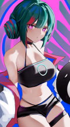 Rule 34 | 1girl, absurdres, bare shoulders, black choker, black shorts, breasts, bright pupils, choker, cleavage, closed mouth, collarbone, cowboy shot, double bun, green hair, hair bun, highres, jacket, large breasts, long sleeves, looking at viewer, multicolored background, multicolored hair, navel, open clothes, open jacket, original, purple eyes, red hair, short shorts, shorts, skindentation, solo, sports bra, stomach, streaked hair, thigh strap, two-tone hair, wawamachi (wawamachis), white jacket