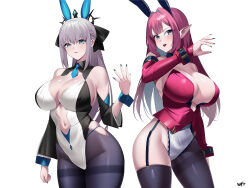Rule 34 | 2girls, animal ears, asymmetrical legwear, black bow, blue eyes, bow, braid, breasts, choker, cleavage, clothing cutout, corset, detached sleeves, baobhan sith (fate), fate/grand order, fate (series), french braid, garter straps, gradient background, grey eyes, groin, hair intakes, highres, huge breasts, kurozawa yui, large breasts, legs together, long hair, looking at viewer, morgan le fay (fate), multiple girls, nail polish, navel, navel cutout, necktie, pale skin, pantyhose, pink hair, pointy ears, rabbit ears, signature, skindentation, thighhighs
