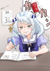 Rule 34 | 1girl, absurdres, animal ears, annoyed, blush, breasts, calendar (object), can, closed mouth, commentary request, ear covers, ears down, green eyes, grey hair, highres, hishi miracle (umamusume), horse ears, horse girl, matsuba mattsu, medium breasts, medium hair, notebook, pen, pout, ribbon, school uniform, solo, stick, studying, table, tracen school uniform, umamusume, wall