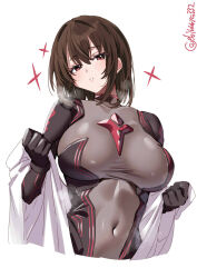 1girl alternate_costume black_bodysuit blush bodysuit breasts breath brown_eyes brown_hair commentary covered_navel ebifurya hair_between_eyes heavy_breathing highres hyuuga_(kancolle) japanese_clothes kantai_collection large_breasts looking_at_viewer one-hour_drawing_challenge open_clothes short_hair simple_background skindentation smile solo sparkle sweat taimanin_suit twitter_username upper_body white_background