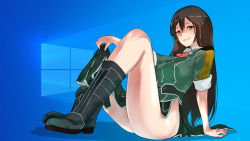 Rule 34 | 1girl, black footwear, boots, bow, bowtie, breasts, chikuma (kancolle), commentary request, holding, kantai collection, large breasts, long hair, long skirt, looking at viewer, microsoft windows, no panties, open mouth, pelvic curtain, side slit, sitting, skirt, smile, solo, yamaioni (sasakama)