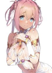 Rule 34 | 1girl, 92m, aqua eyes, bare shoulders, blush, braid, braided hair rings, breasts, bridal gauntlets, cleavage, closed mouth, hair rings, highres, leaning forward, looking at viewer, medium breasts, navel, nervous smile, nipples, pink hair, princess connect!, revealing clothes, see-through, short hair, simple background, smile, solo, upper body, wet, wet clothes, white background, yui (ceremonial) (princess connect!), yui (princess connect!)