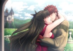 Rule 34 | 1boy, 1girl, arms around neck, arms around waist, black bow, blurry, blurry background, bow, breasts, brown hair, brown sweater, chain, choker, closed eyes, couple, crying, day, dress, emiya shirou, fate/stay night, fate (series), floating hair, from side, gloves, hair between eyes, hair bow, hetero, imminent kiss, jewelry, long hair, long sleeves, medium breasts, necklace, outdoors, red choker, red dress, red gloves, red hair, shoori (migiha), short hair, sideboob, sleeveless, sleeveless dress, spiked hair, sweater, tears, tohsaka rin, upper body, very long hair