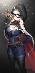 Rule 34 | 1girl, absurdres, ahoge, black cape, black footwear, black gloves, blue bodysuit, blue eyes, bodysuit, boots, braid, breasts, cape, capelet, cleavage, commission, commissioner upload, covered navel, crystal earrings, dhokidoki, earrings, eye mask, fire emblem, fire emblem fates, fire emblem heroes, gloves, grey eyes, highres, hood, hood up, hooded cape, jewelry, large breasts, leather, long hair, low twin braids, medium breasts, nina (fire emblem), nintendo, non-web source, o-ring, official alternate costume, parted bangs, red capelet, skin tight, thigh boots, turtleneck, twin braids, two-tone bodysuit, two-tone cape, white hair