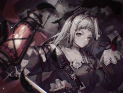 Rule 34 | 1girl, absurdres, arknights, bird, black gloves, black jacket, brown eyes, closed mouth, cloud, cloudy sky, gloves, gun, head wings, highres, holding, holding gun, holding lantern, holding weapon, irene (arknights), jacket, kaxnight, lantern, long hair, long sleeves, looking at viewer, outdoors, pale skin, puffy long sleeves, puffy sleeves, shoulder strap, silver hair, sky, solo, trigger discipline, upper body, v-shaped eyebrows, weapon, wings