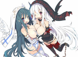 Rule 34 | 2girls, :d, ;d, angel, angel and devil, angel wings, bdsm, blue eyes, blue hair, blush, bondage, bound, breast press, breasts, chain, choker, cleavage, collar, cuffs, demon girl, demon wings, female focus, from above, grey hair, holding hands, huge breasts, kawahara megumi, large breasts, leash, leg up, leotard, long hair, looking at viewer, multiple girls, one eye closed, open mouth, original, red eyes, simple background, smile, standing, standing on one leg, symmetrical docking, thighhighs, very long hair, white background, white hair, wings, wink