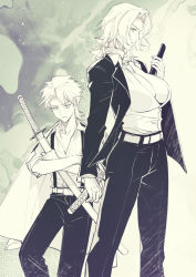 Rule 34 | 1boy, 1girl, alternate costume, alternate hairstyle, artist name, belt, black jacket, black pants, bleach, breasts, cleavage, coat, coat on shoulders, hitsugaya toushirou, holding, holding sword, holding weapon, jacket, jewelry, large breasts, looking at viewer, maotai, matsumoto rangiku, mature female, mole, mole under mouth, necklace, open clothes, open jacket, pants, partially unbuttoned, sheath, sheathed, shirt, short hair, standing, suspenders, sword, weapon, white belt, white shirt, wing collar