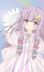 Rule 34 | 1girl, :o, blue background, bow, capelet, crescent, crescent hair ornament, dress, female focus, flower, hair bow, hair ornament, leaning, lens flare, light particles, long hair, looking at viewer, no headwear, patchouli knowledge, purple eyes, purple hair, robe, sidelocks, simple background, solo, star (symbol), tomintan, touhou