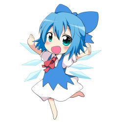 Rule 34 | 1girl, aqua eyes, bad id, bad pixiv id, barefoot, blue eyes, blue hair, blush, bow, chibi, cirno, dress, green eyes, hair bow, massala, matching hair/eyes, necktie, open mouth, outstretched arms, short hair, skirt, solo, spread arms, touhou, wings