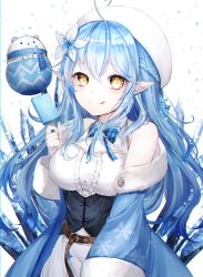 Rule 34 | 1girl, :q, blue hair, corset, food, hair between eyes, half updo, holding, holding food, hololive, long hair, noyu (noyu23386566), pointy ears, popsicle, smile, solo, tongue, tongue out, virtual youtuber, white background, yellow eyes, yukihana lamy