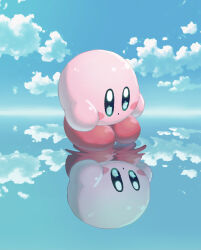 Rule 34 | :o, aruco co, blue eyes, blue sky, blush, blush stickers, closed mouth, cloud, commentary request, day, full body, highres, kirby, kirby (series), looking down, nintendo, no humans, outdoors, reflection, reflective water, sky, solo, standing, standing on liquid, water