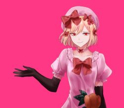 Rule 34 | artist request, bad id, bad twitter id, blonde hair, bow, choker, dress, elbow gloves, frills, gloves, hand up, hat, lambdadelta, looking at viewer, pink background, pink hat, puffy short sleeves, puffy sleeves, pumpkin, red eyes, short hair, short sleeves, smile, solo, umineko no naku koro ni